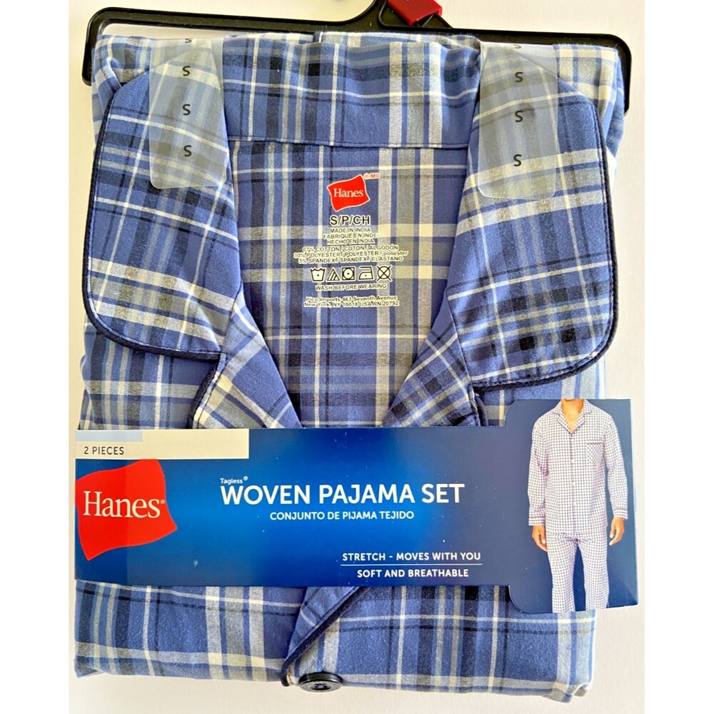 Hanes Men’s Woven Pajama Set Blue Plaid Long Sleeve Shirt and Pants Size Small
